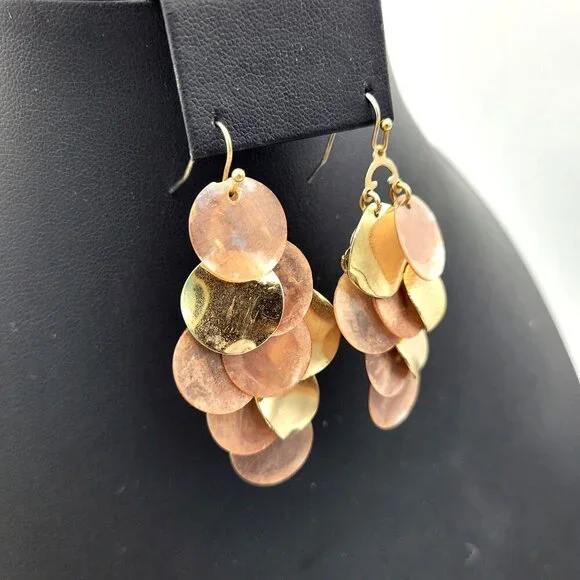 Metal & Mother of Pearl Disc Chandelier Earrings Goldtone Metal Hook Back 2" - Picture 2 of 5